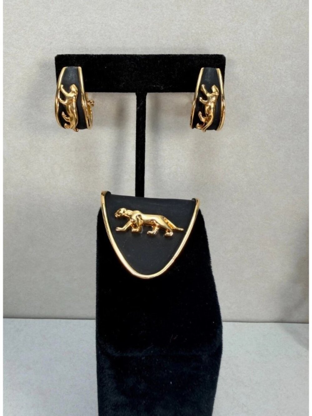 Vtg AFJ Panther Pendant Earrings Set Black Enamel Gold Tone Statement Jewelry